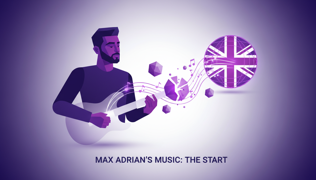 Modern illustration of Max Adrian starting his music career, influenced by studying in England, with a violet and indigo background.