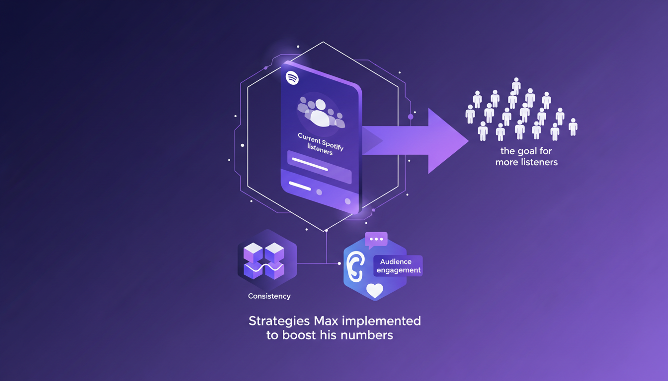 Modern Spotify illustration with geometric shapes and gradients, depicting strategies to increase Max's listeners.