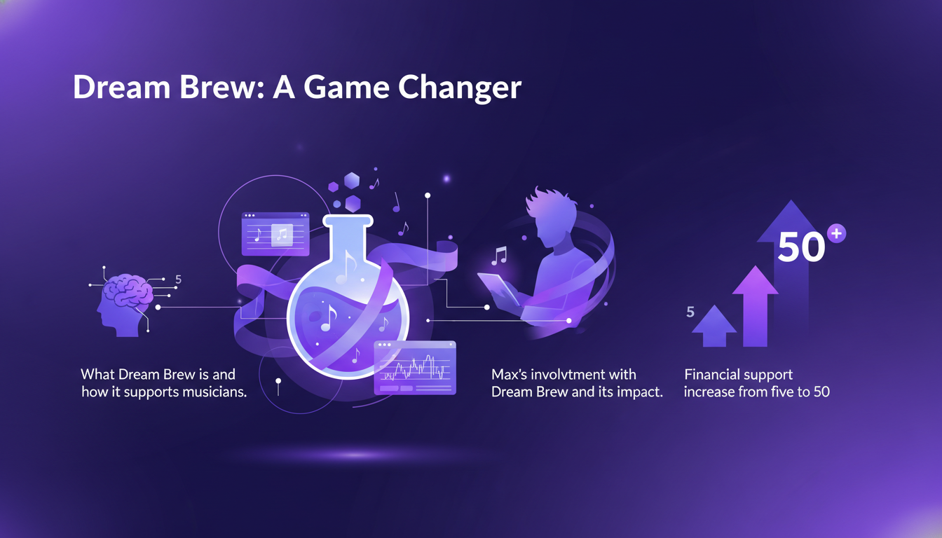 Modern illustration of Dream Brew, supporting musicians with Max's involvement, showcasing increased financial support.