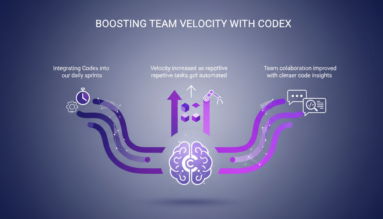 Illustration moderne de l'intégration de Codex dans les sprints quotidiens, augmentant la vélocité et améliorant la collaboration d'équipe.