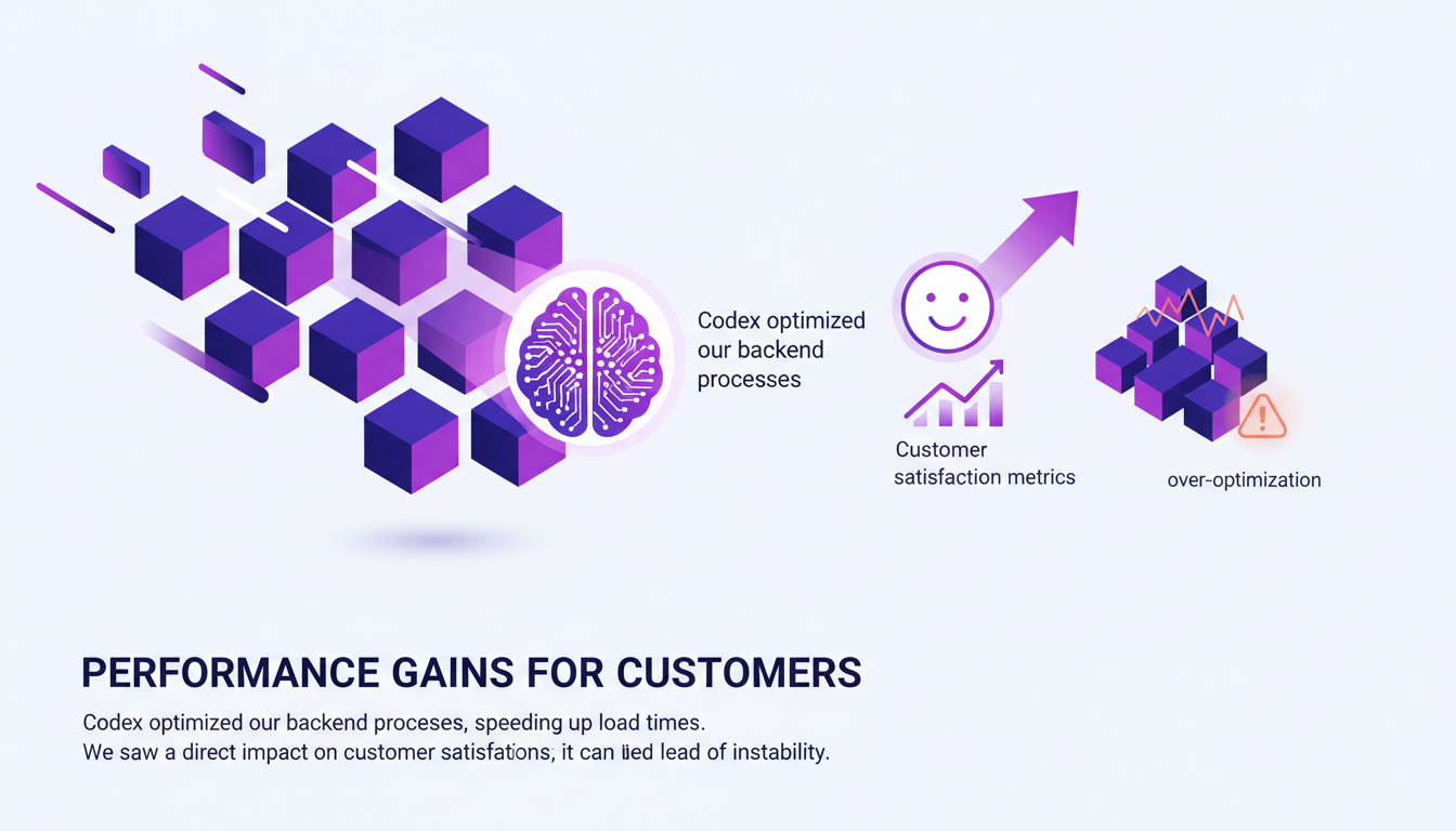 Illustration moderne de gains de performance clients, avec formes géométriques et dégradés en indigo et violet, symbolisant l'optimisation AI.