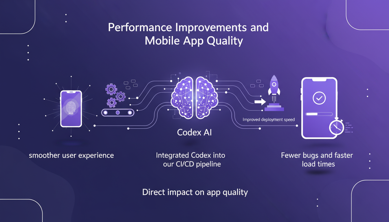 Illustration moderne de l'amélioration des performances et de la qualité des applications mobiles avec Codex, intégrée au CI/CD.