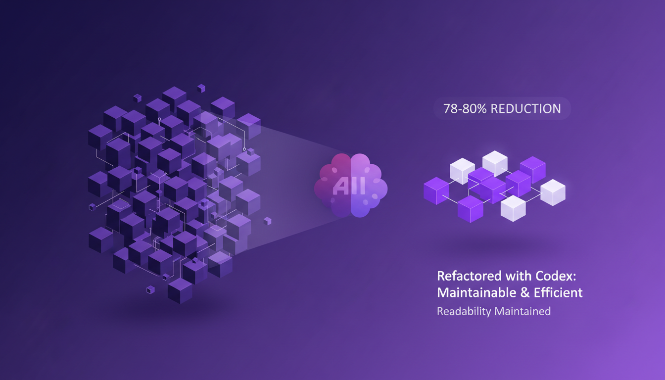 Illustration moderne de réduction significative de code avec Codex, montrant une réduction de 78-80%, style minimaliste et professionnel.