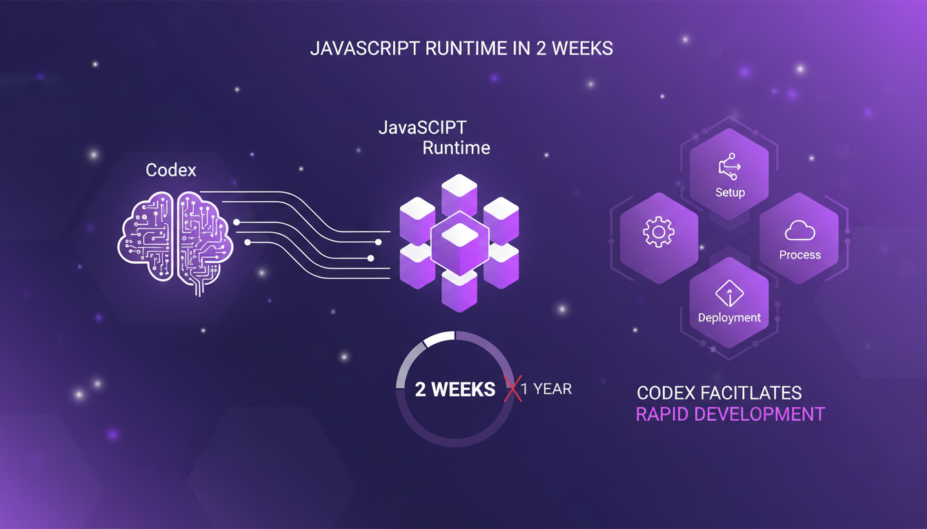 Modern illustration of creating a JavaScript runtime in two weeks with Codex, featuring geometric shapes and violet gradients.