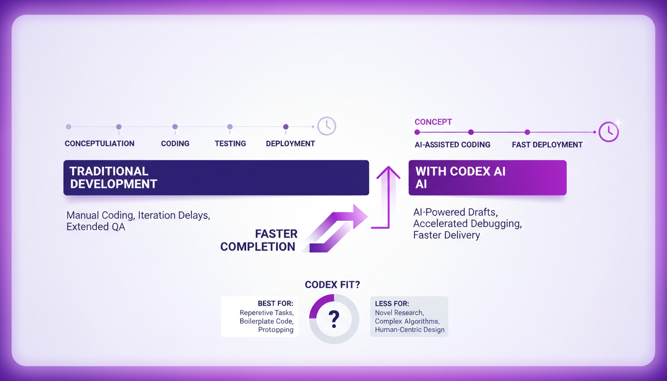 Modern illustration comparing development timelines with and without Codex, showcasing project deadline impacts using geometric shapes.