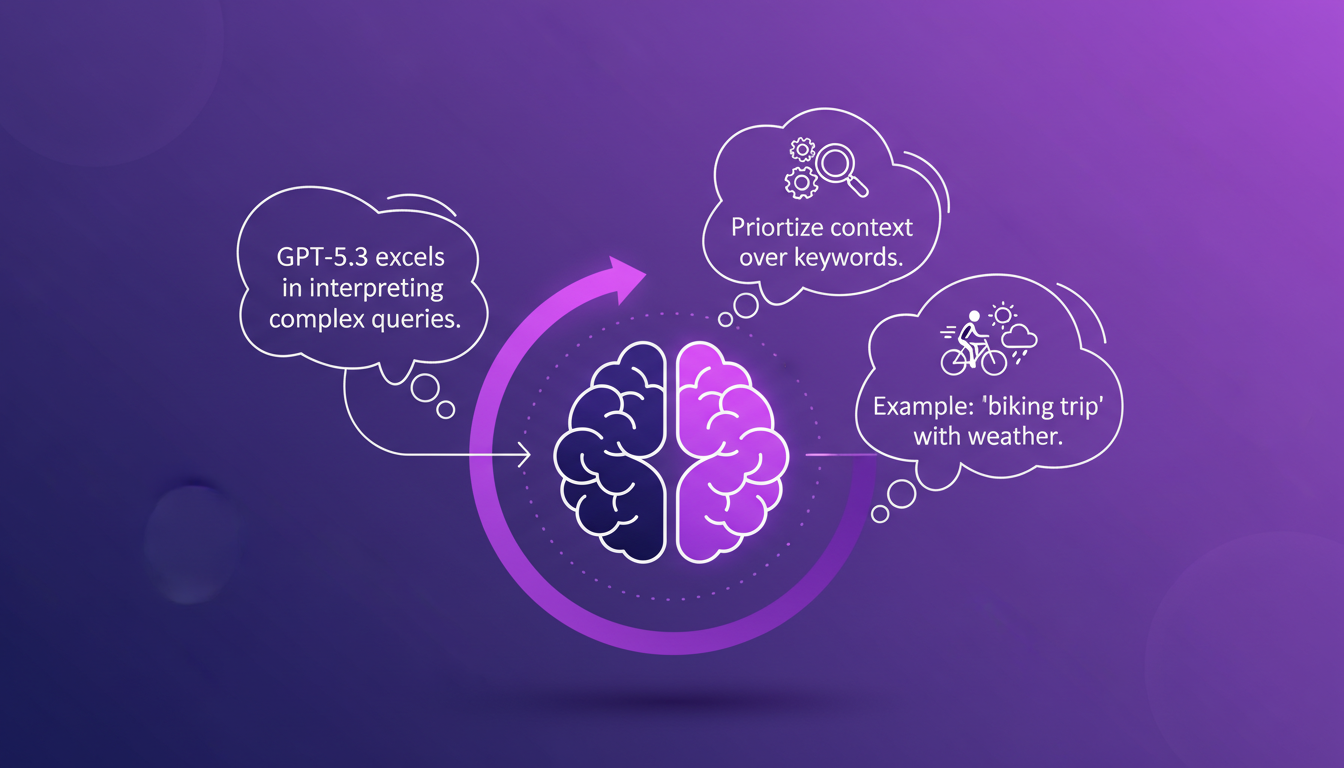 Modern illustration of contextual understanding of user queries with GPT-5.3, featuring geometric shapes and gradient overlays.