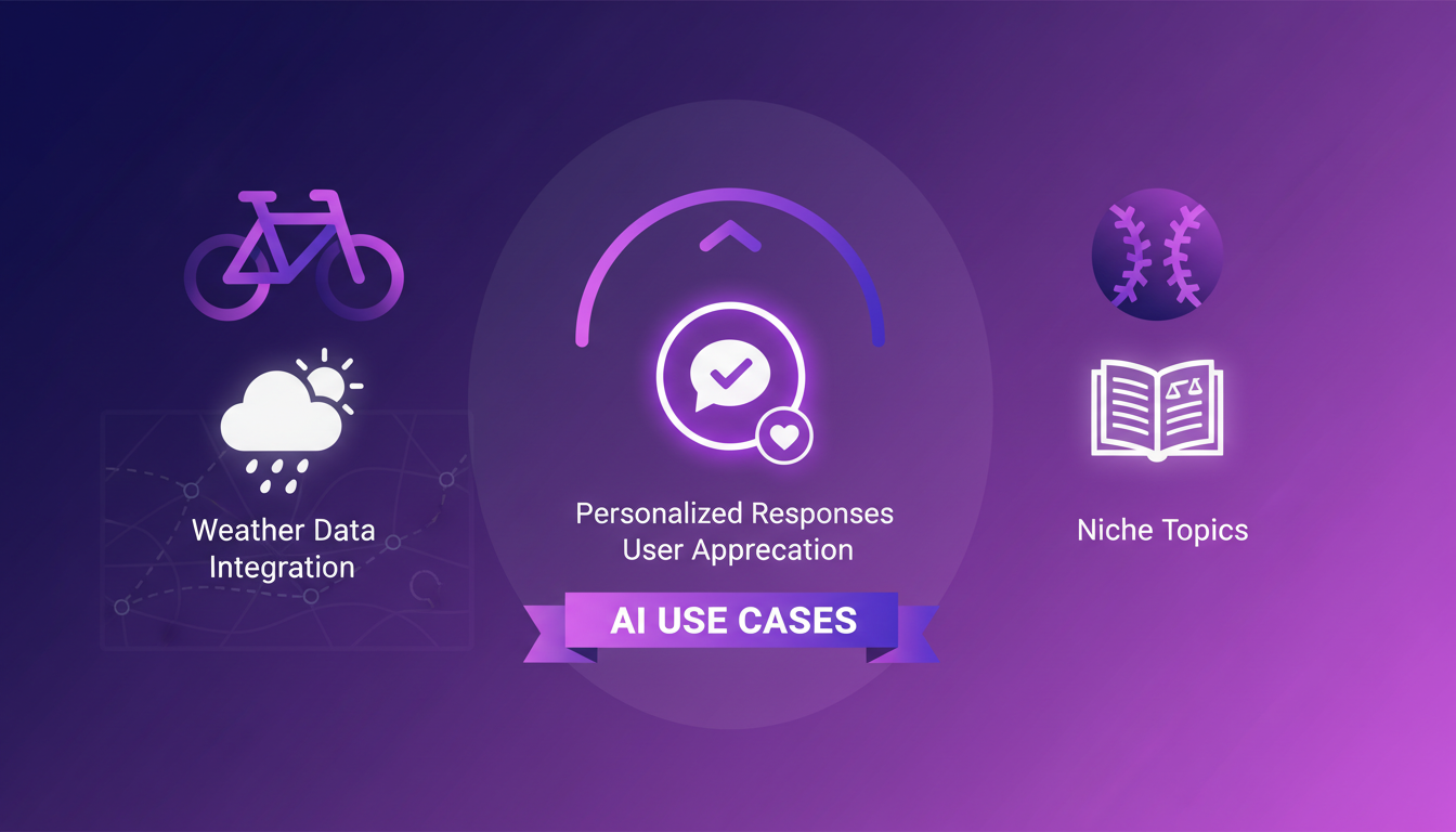Modern illustration of biking trip and baseball rules with AI tech, integrating weather and personalized responses, minimalist style.