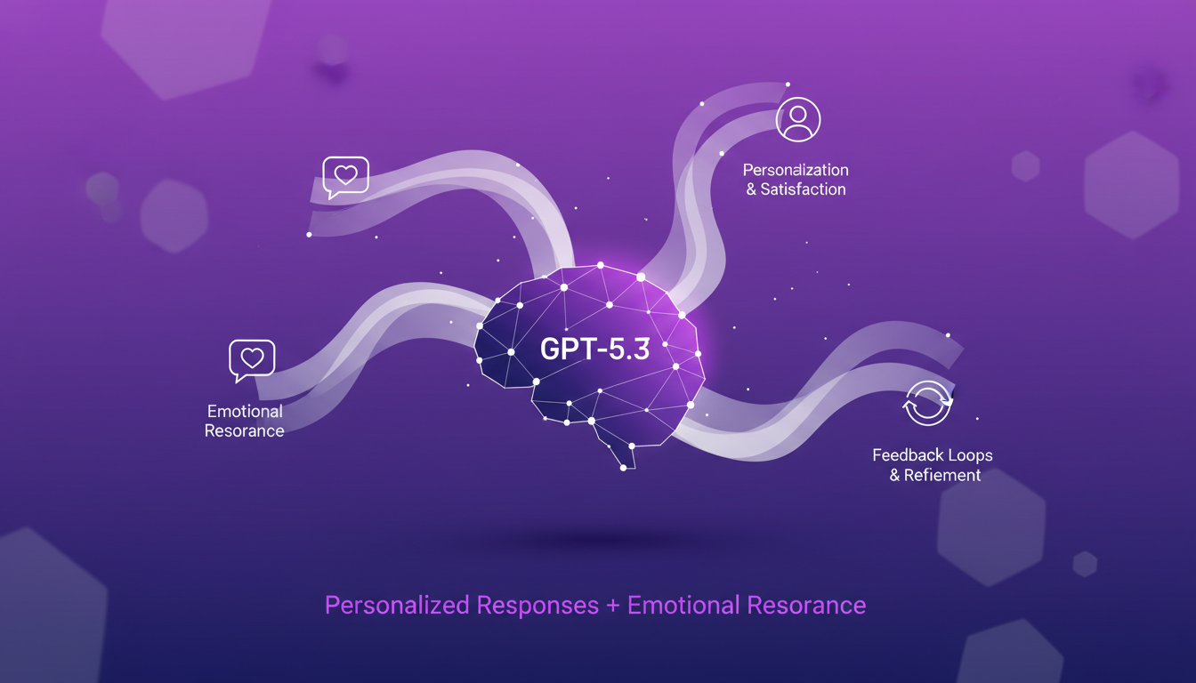 Modern illustration of personalized responses and emotional resonance with AI, indigo and violet tones, minimalist style.