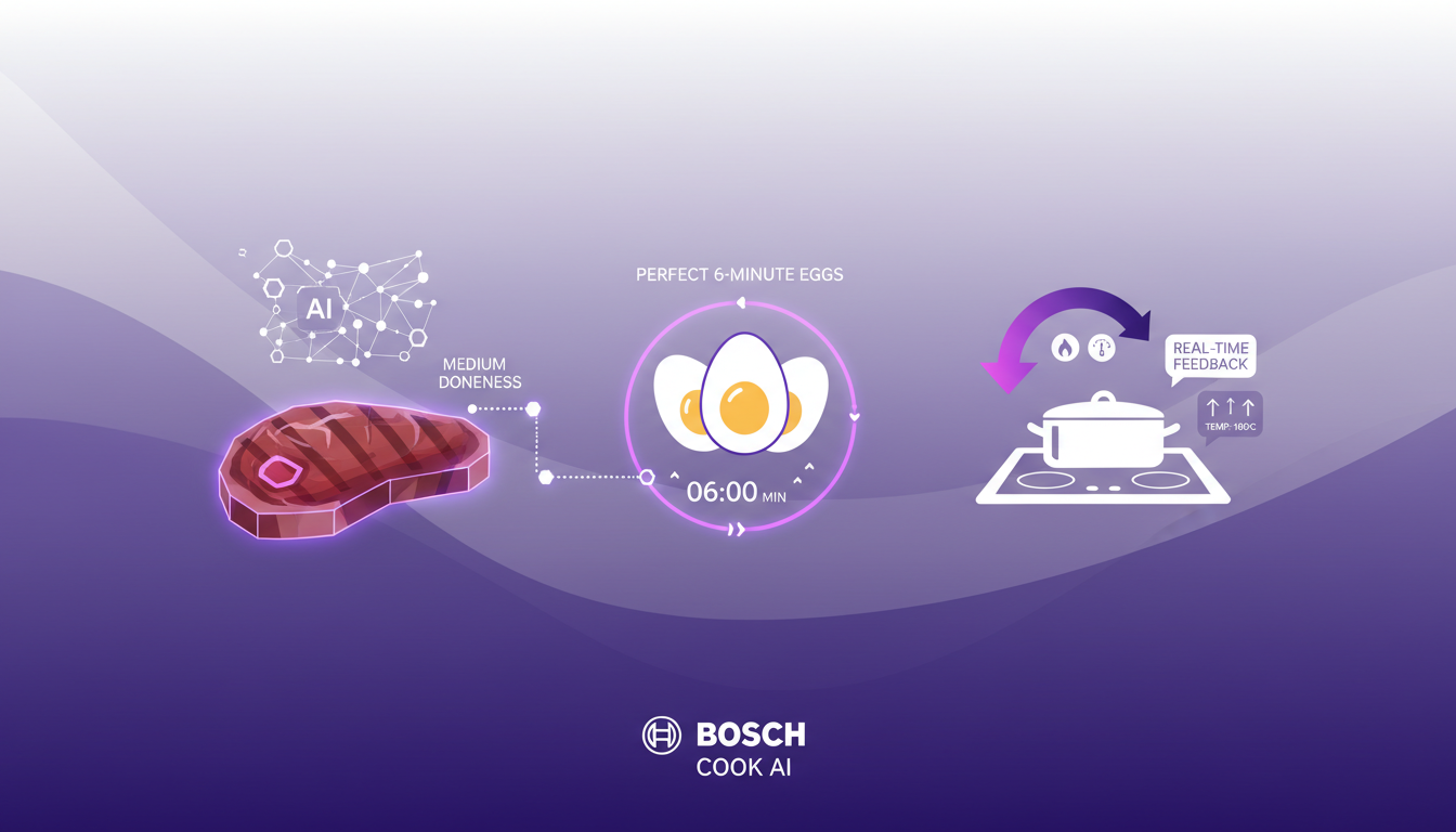 Illustration moderne de l'IA Bosch Cook en action, ajustant en temps réel la cuisson d'un steak ribeye et d'œufs parfaits.