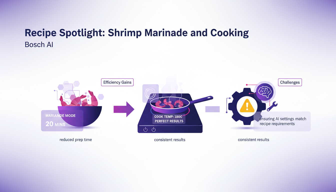 Illustration moderne de marinade de crevettes avec AI Bosch, montrant étapes de préparation et cuisson, style minimaliste et professionnel.