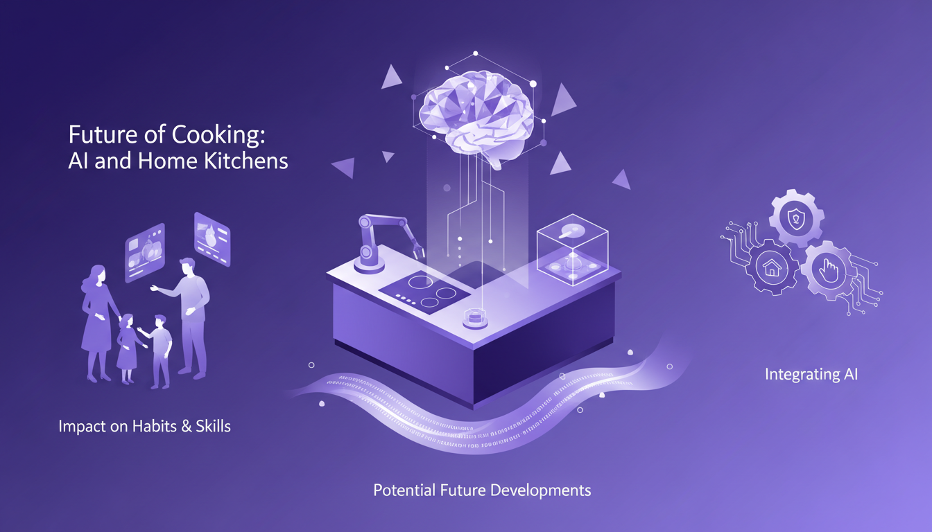 Illustration moderne de cuisine avec IA, montrant l'impact futur de la technologie sur les habitudes culinaires domestiques.