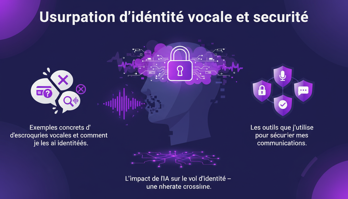 Illustration moderne sur l'usurpation d'identité vocale et la sécurité, montrant l'impact de l'IA et les outils de protection.