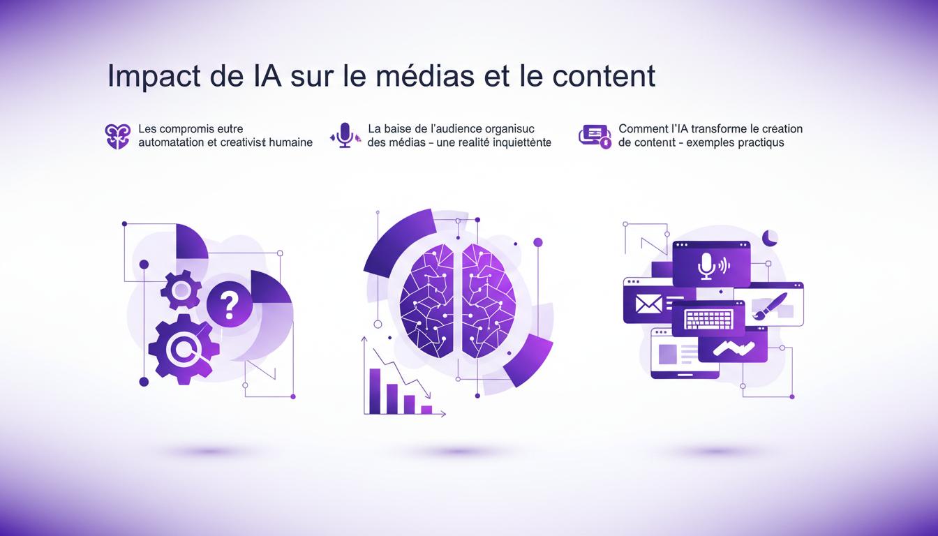 Illustration moderne de l'impact de l'IA sur les médias, montrant des formes géométriques et dégradés en indigo et violet.