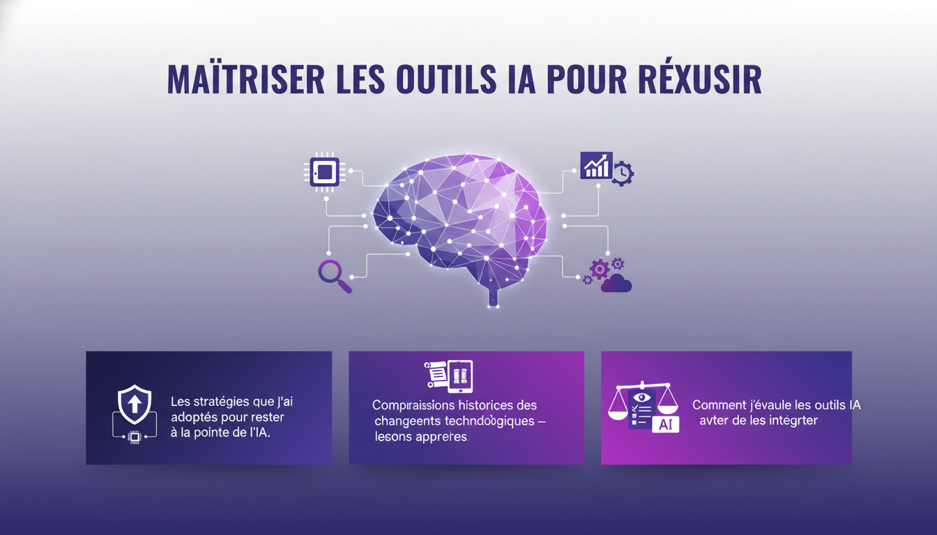 Illustration moderne et minimaliste de maîtrise des outils IA, avec formes géométriques et dégradés indigo et violet, symbolisant l'innovation.