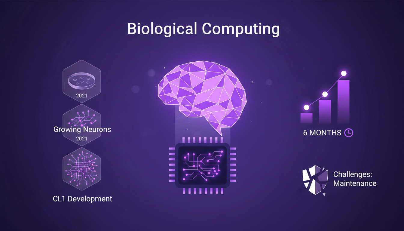 Modern illustration of biological computing, featuring human neurons on a CL1 chip by Cortical Labs, minimalist and innovative.