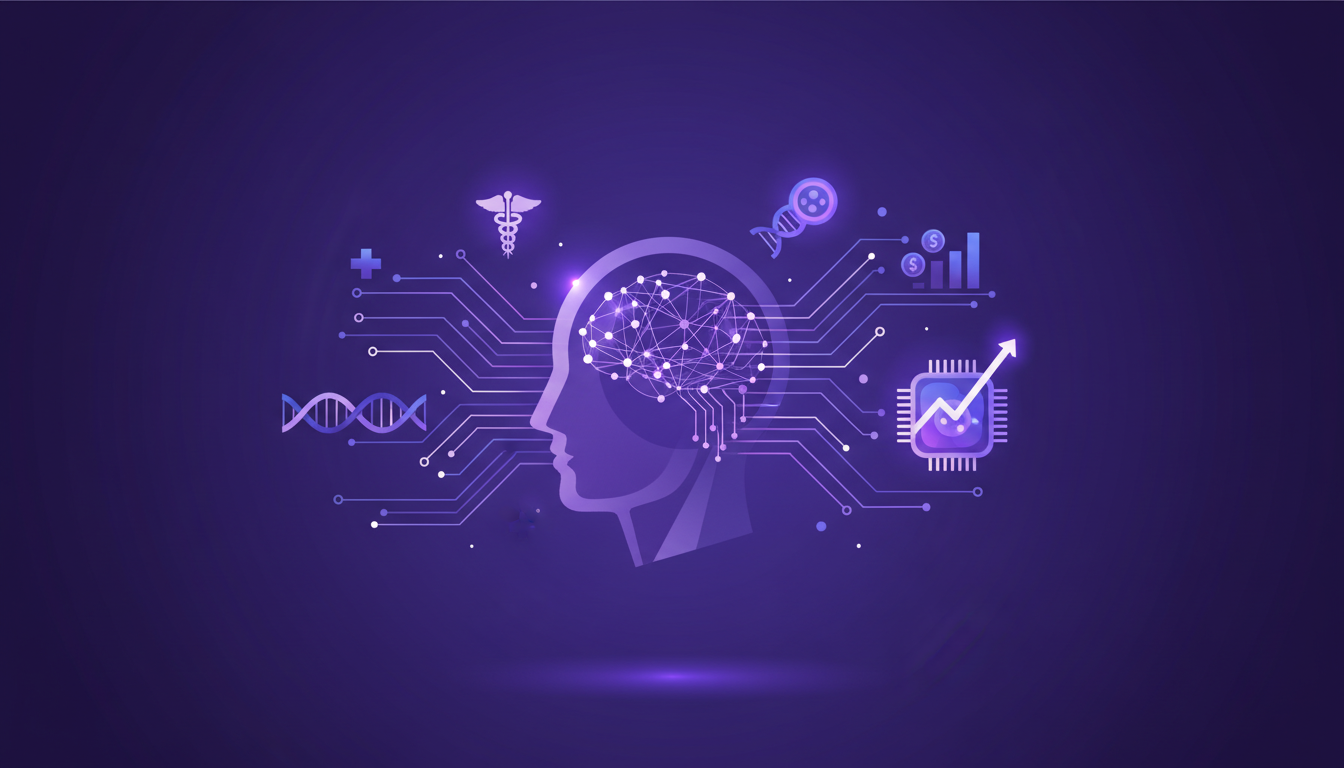 Modern illustration of AI and brain emulation's future in medicine with geometric shapes and indigo-violet gradients.