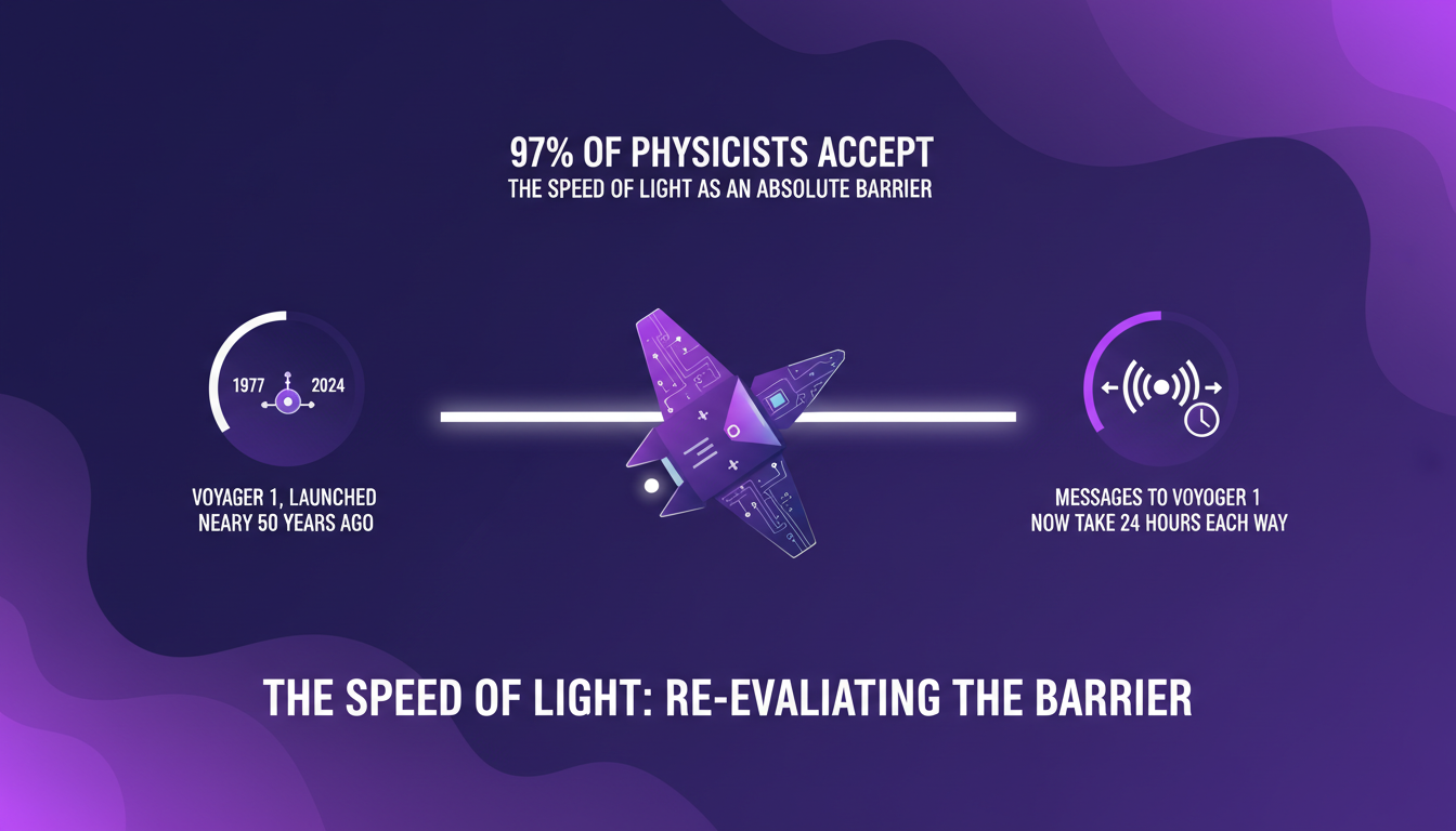 Illustration moderne de la vitesse de la lumière, mettant en avant les défis de communication avec Voyager 1, dans un style minimaliste.