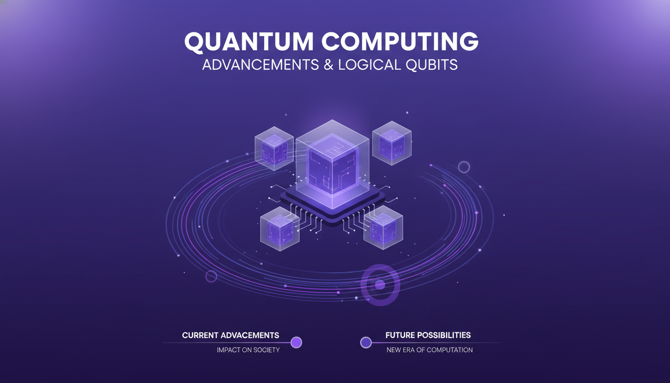 Illustration moderne de l'informatique quantique avec qubits logiques, montrant les avancées et défis technologiques, palette indigo et violet.