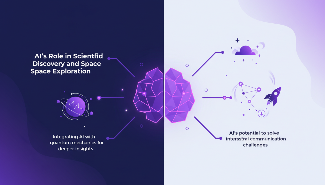 Illustration moderne de l'IA dans la découverte scientifique et l'exploration spatiale avec formes géométriques et dégradés violets.