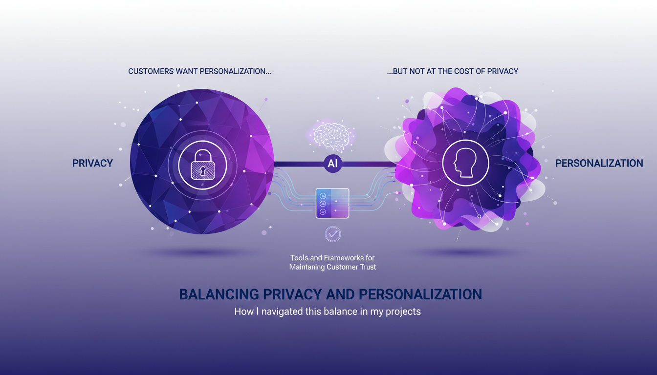 Modern illustration balancing privacy and personalization, featuring geometric shapes and indigo-violet gradients.