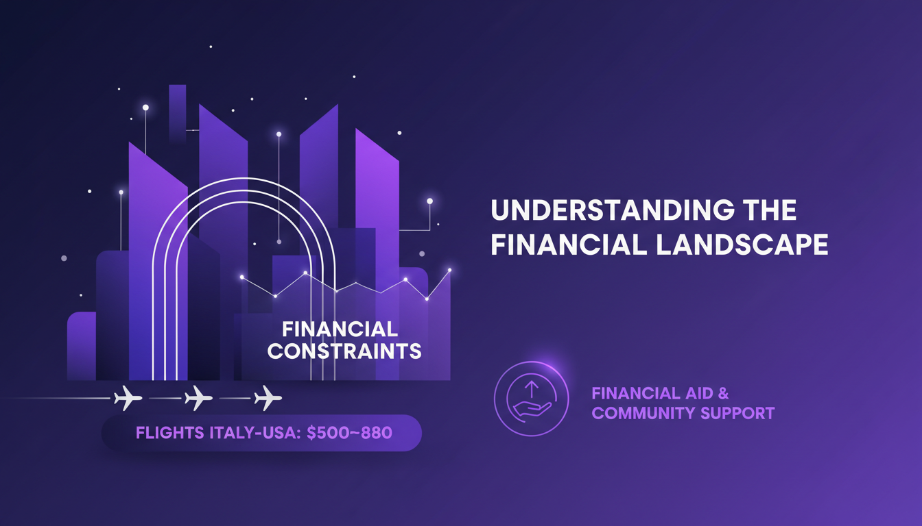 Modern illustration of financial landscape, family immigration obstacles, Italy-America flight costs, exploring financial aid options.
