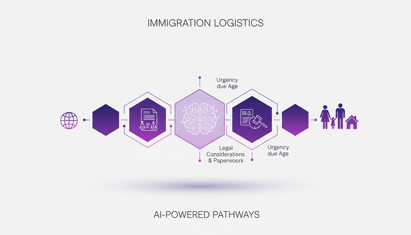 Modern minimalist illustration of immigration logistics, featuring geometric shapes and indigo-violet gradients, highlighting legal steps.