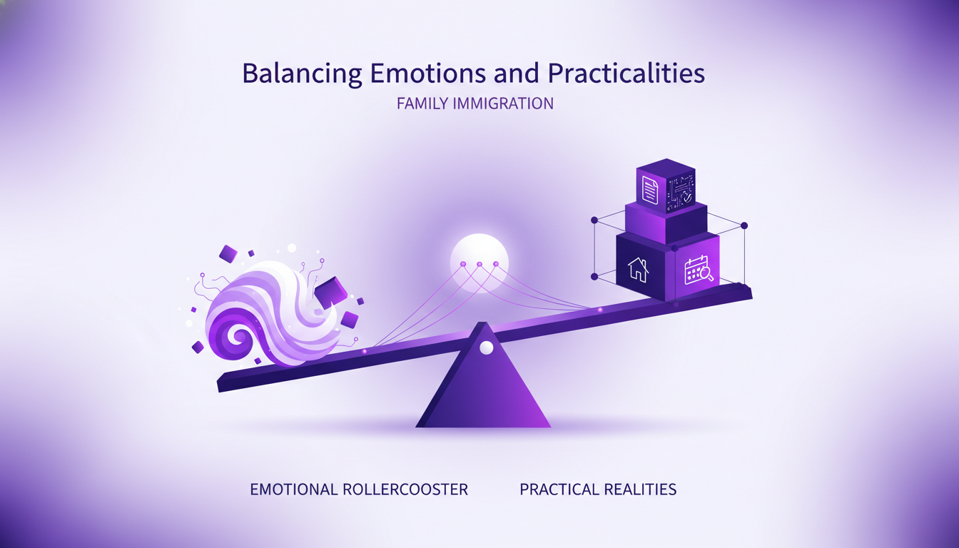 Modern illustration of balancing emotions and practicalities in family immigration, featuring indigo and violet gradients, geometric shapes.