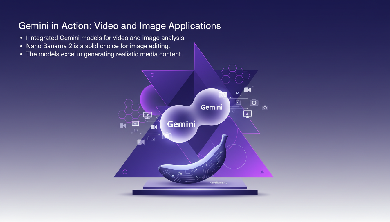 Illustration moderne de Gemini en action pour l'analyse vidéo et image, utilisant des modèles IA innovants, en indigo et violet.