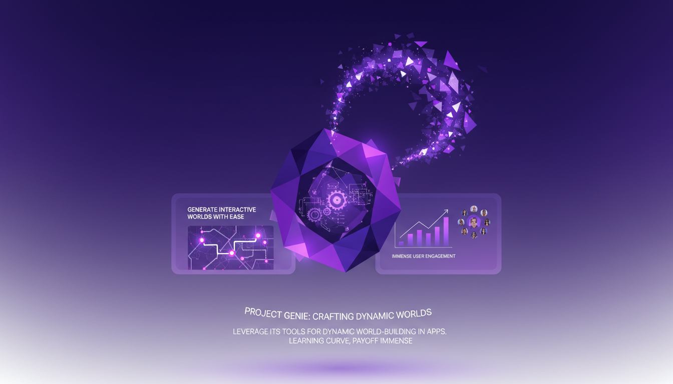 Illustration moderne de Project Genie: création de mondes interactifs, style minimaliste, palette indigo et violet, technologie IA.