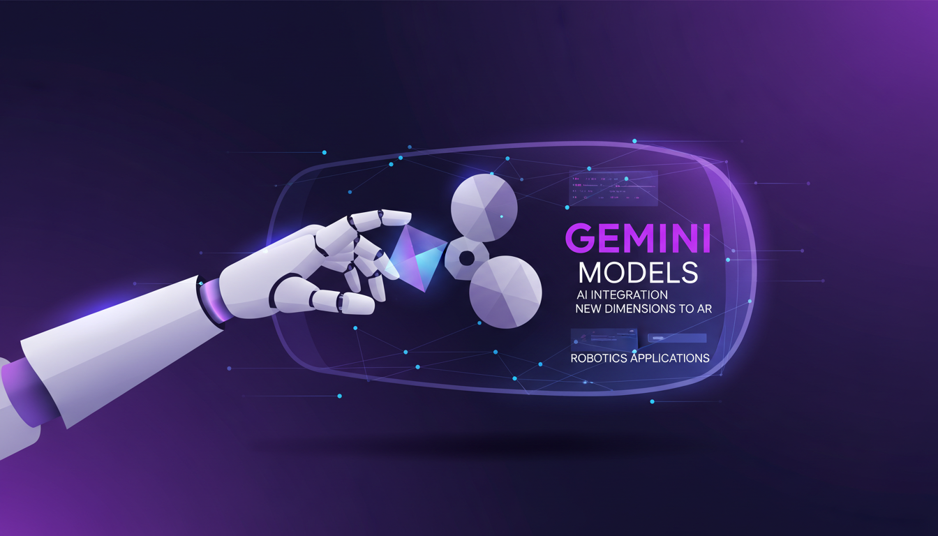 Illustration moderne de l'intégration de l'IA avec la robotique et la réalité augmentée, utilisant des formes géométriques et des dégradés subtils.