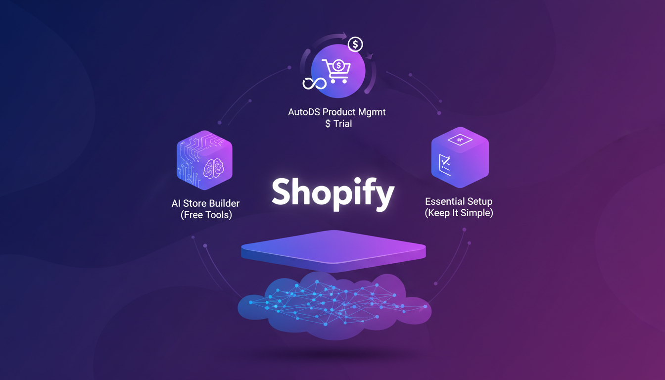 Modern illustration of setting up a Shopify store with AI tools, using AutoDS for product management, in indigo and violet hues.