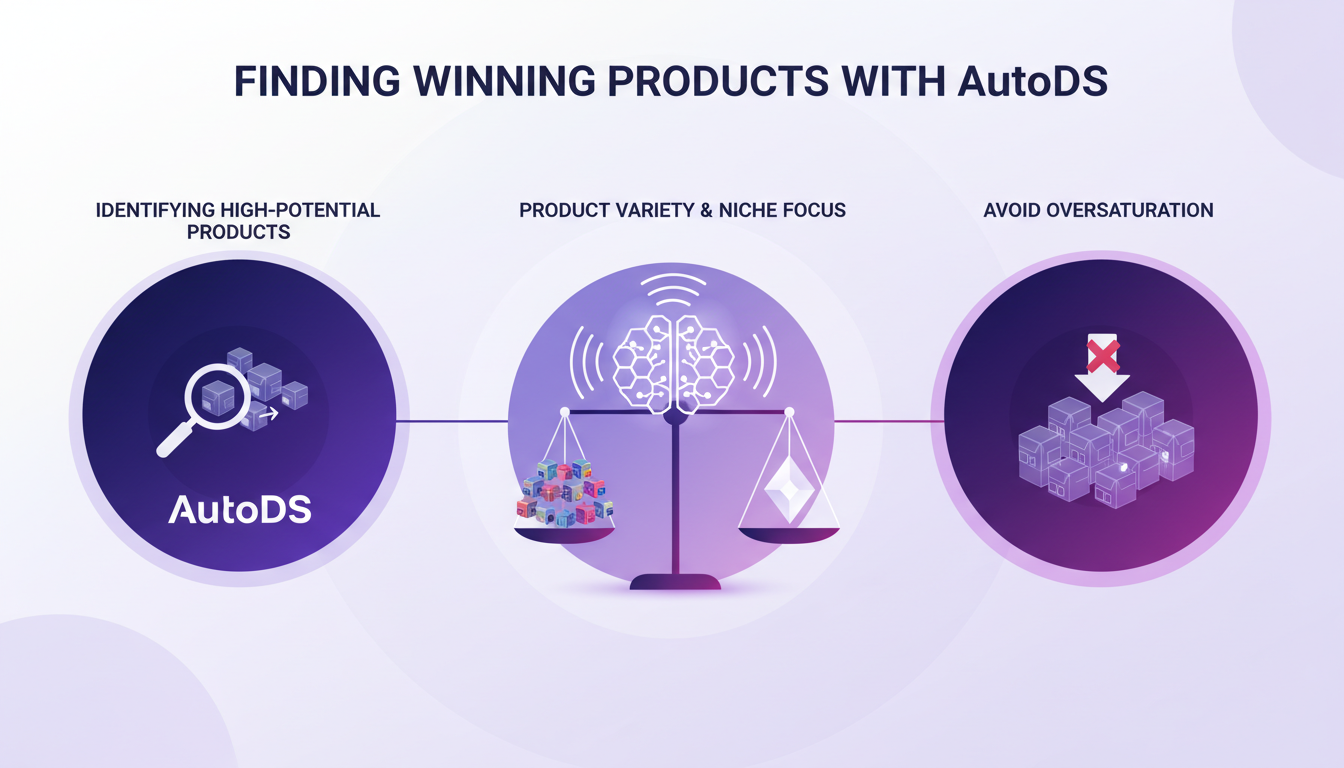 Modern illustration of finding winning products with AutoDS, using AI to identify high-potential items, in indigo and violet tones.