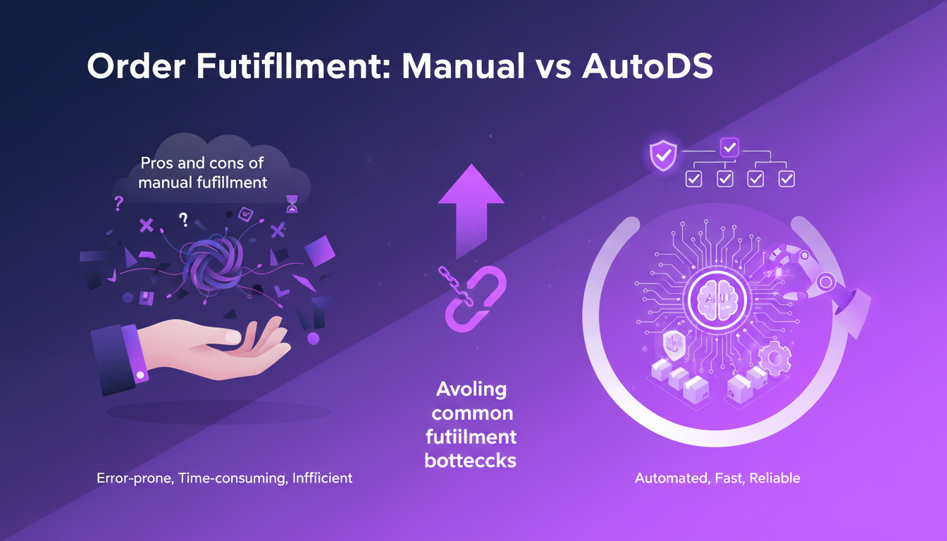 Modern illustration of order fulfillment: manual vs AutoDS, highlighting AutoDS benefits for automated, hassle-free processing.