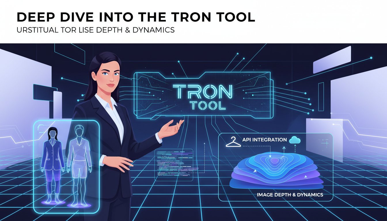 Modern illustration of Tron Tool for virtual try-ons with API, fashion integration, AI technology.