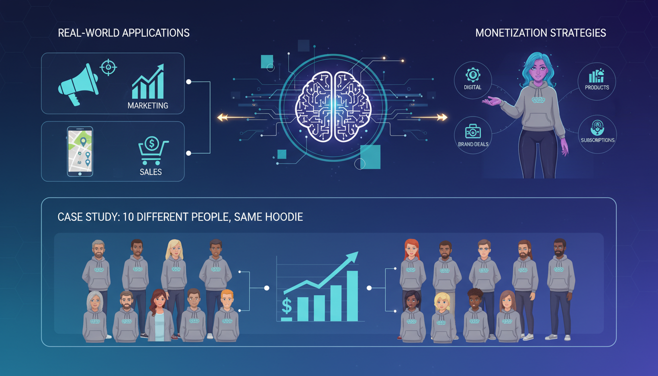 Modern illustration of commercial monetization, showcasing virtual influencers and sales strategies with the same hoodie.