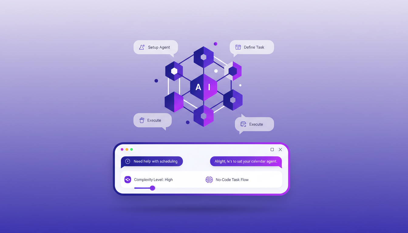 Modern illustration of agents with chat interfaces, highlighting intuitive AI and simplicity of no-code setup.