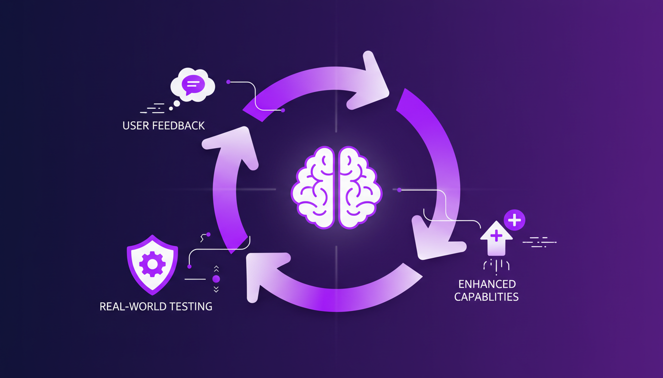 Modern illustration of feedback-driven agent improvement, showcasing continuous feedback loops and real-world testing enhancements.