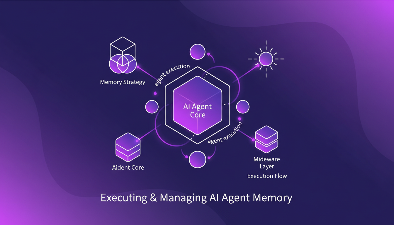 Illustration moderne de la gestion de la mémoire des agents IA avec formes géométriques, lignes épurées et dégradés en violet et indigo.