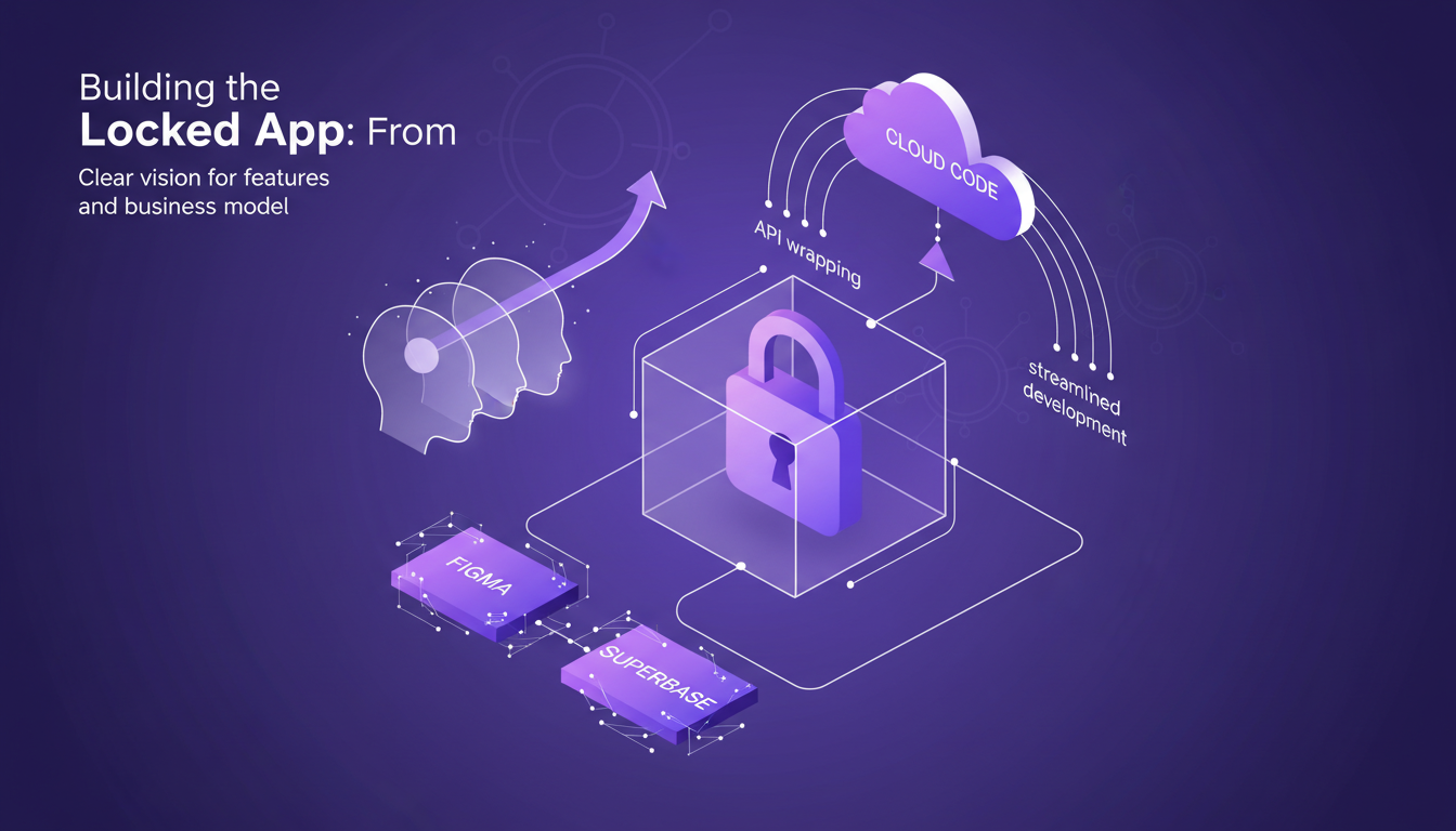 Modern minimalist illustration of Locked app development using Figma and Superbase, integrating API with Cloud Code, in deep indigo and violet.