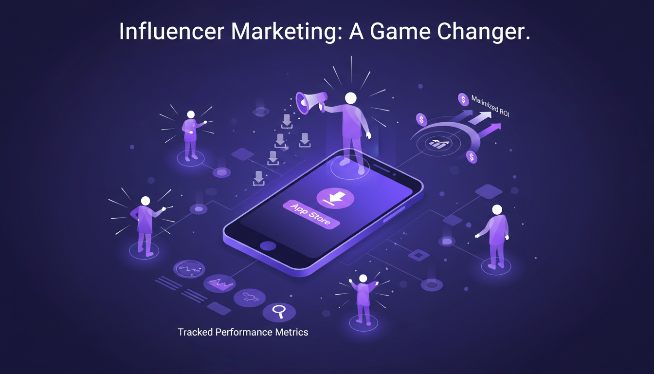 Modern illustration of influencer marketing, highlighting key concepts like maximizing ROI and tracking performance, minimalist style.