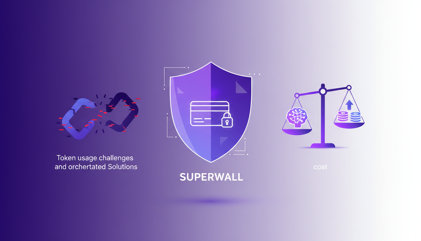 Modern illustration of a tech stack featuring Superwall for in-app purchases, highlighting challenges and solutions with geometric shapes.