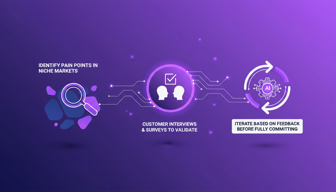 Modern minimalist illustration on SaaS idea validation, featuring geometric shapes and indigo and violet colors.