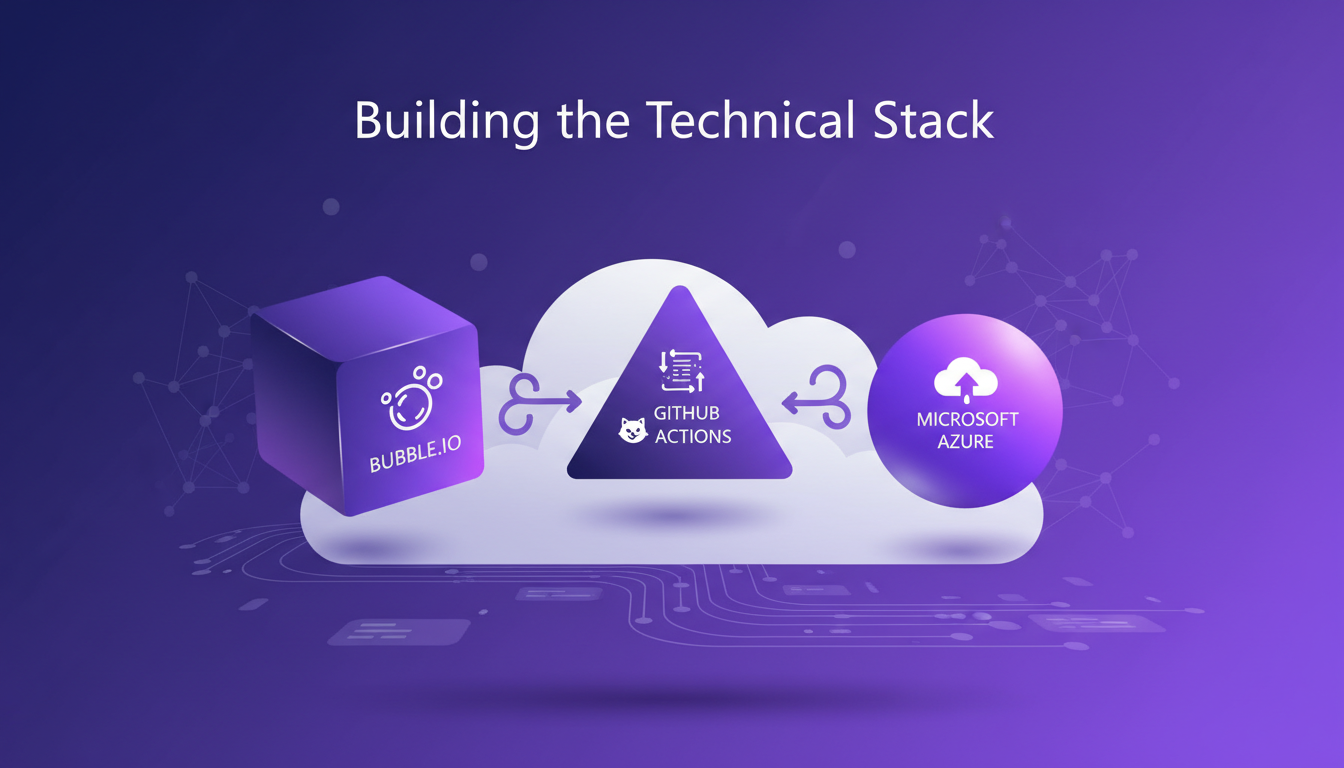 Modern illustration depicting building a tech stack with Bubble IO, GitHub Actions, and Microsoft Azure in a minimalist style.