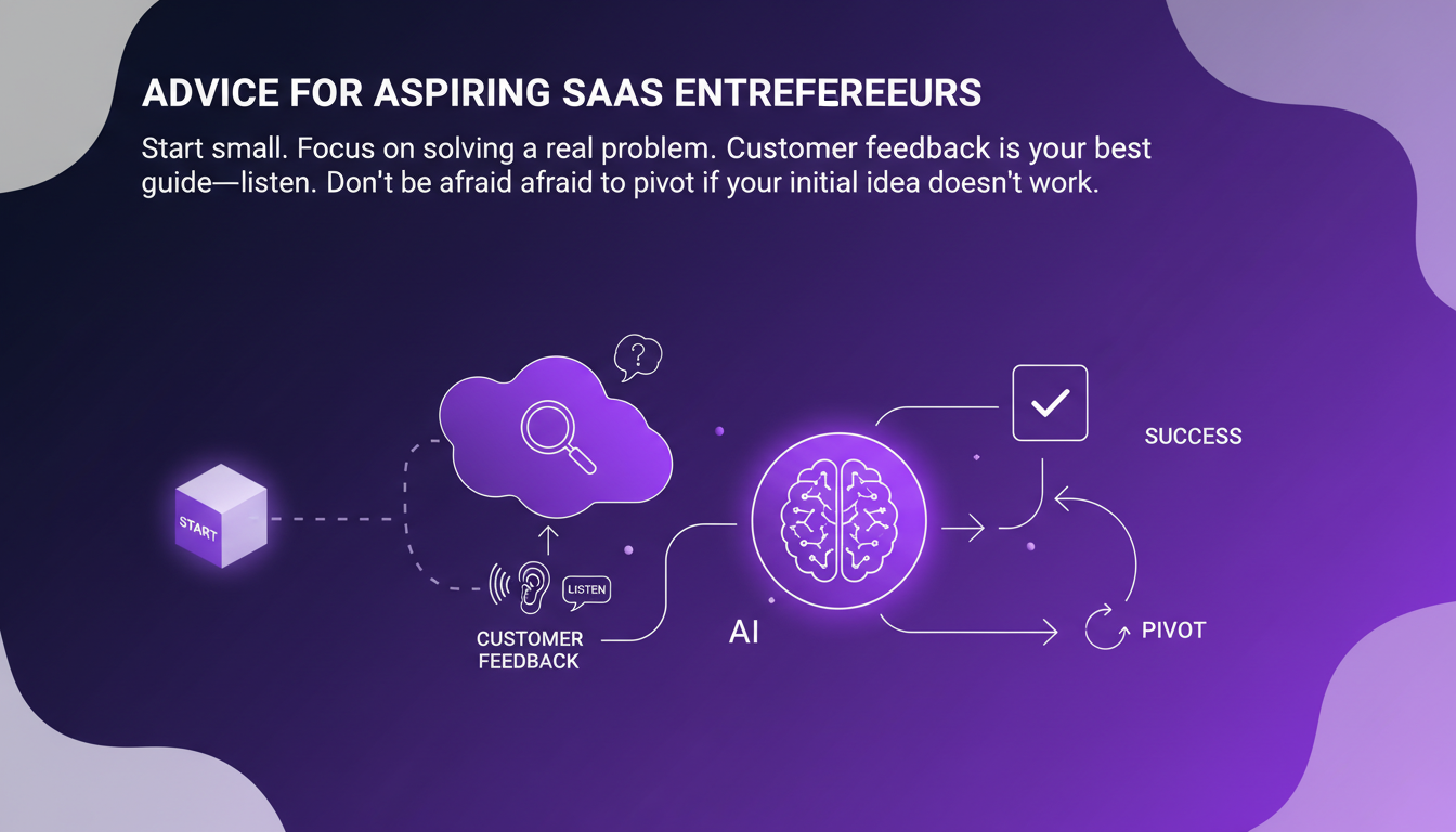 Modern minimalist illustration for SaaS entrepreneurs, advice on starting small, listening to customers, pivoting if needed.