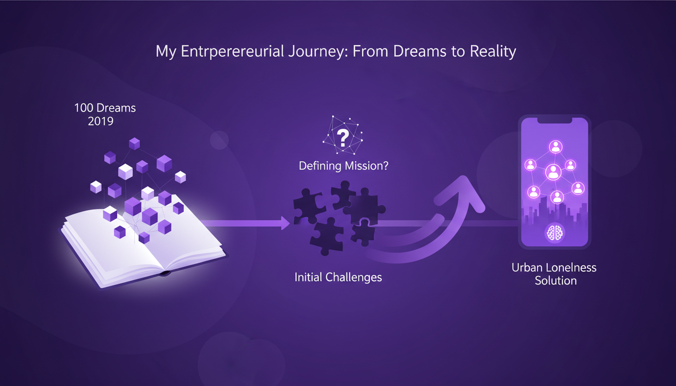 Modern illustration of entrepreneurial journey, from dreams to reality, with geometric shapes and indigo and violet colors.