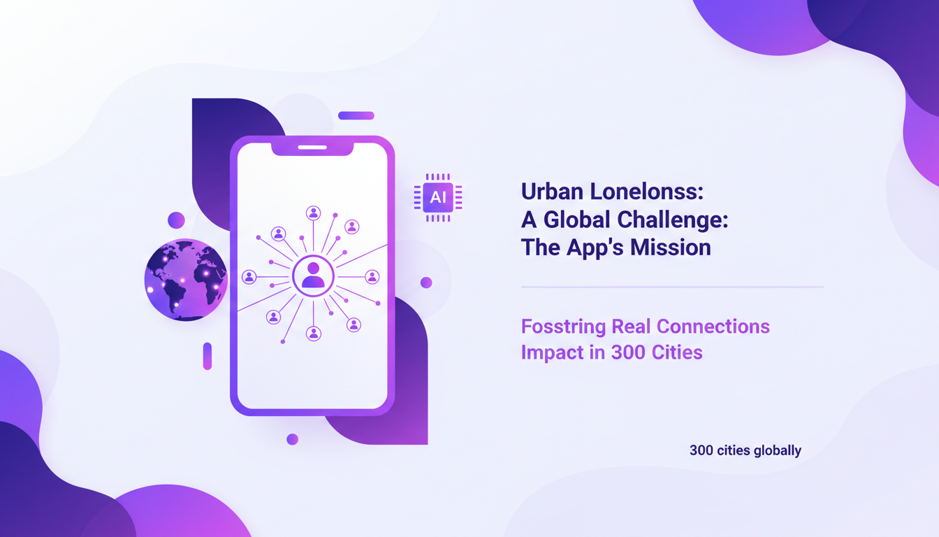 Modern minimalist illustration of an app addressing urban loneliness, impacting 300 cities, featuring AI technology.