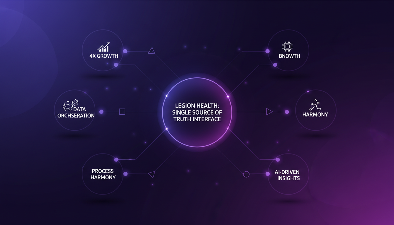 Modern illustration of Legion Health's single source of truth interface, showcasing data orchestration for 4x growth.