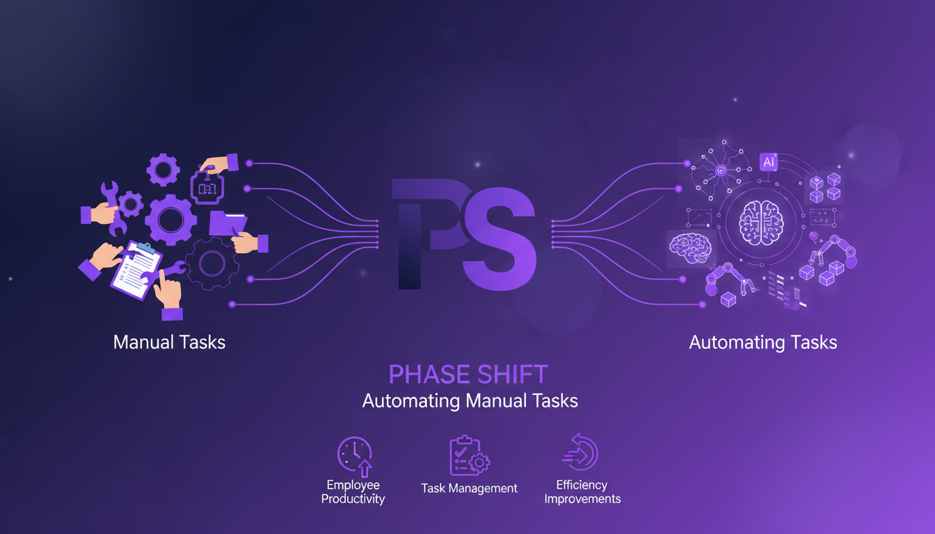 Modern illustration of Phase Shift, automating manual tasks, boosting productivity with geometric shapes and gradient overlays.