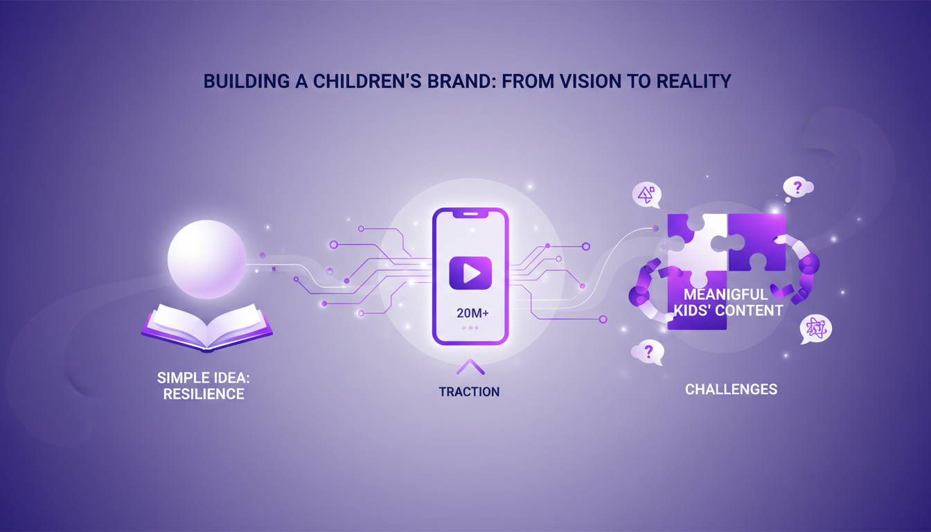 Modern illustration of building a children's brand with AI, featuring geometric shapes and violet gradients, conveying innovation.
