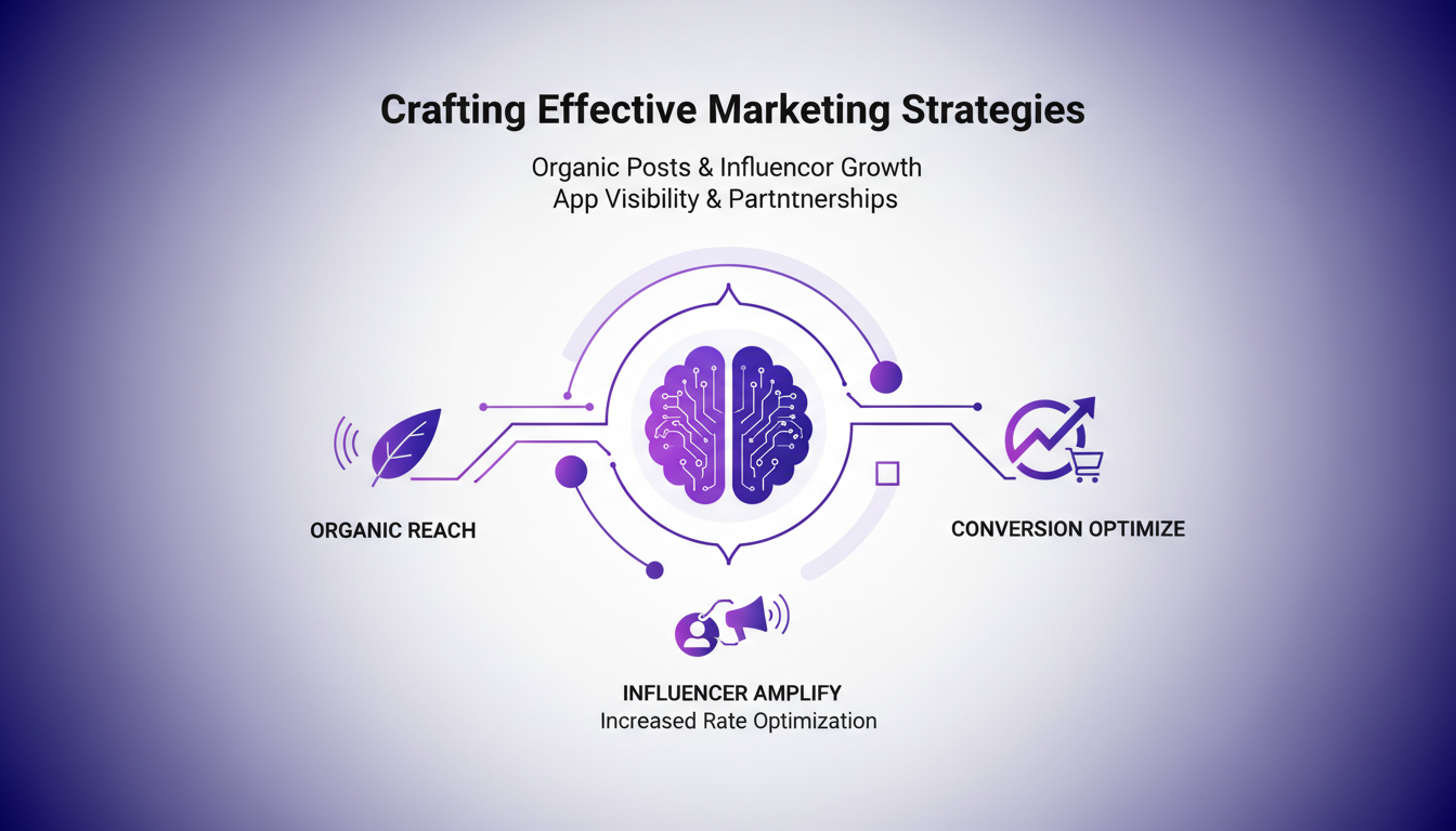Modern illustration of effective marketing strategies, using organic posts and influencer marketing to boost app visibility and optimize conversion rates.